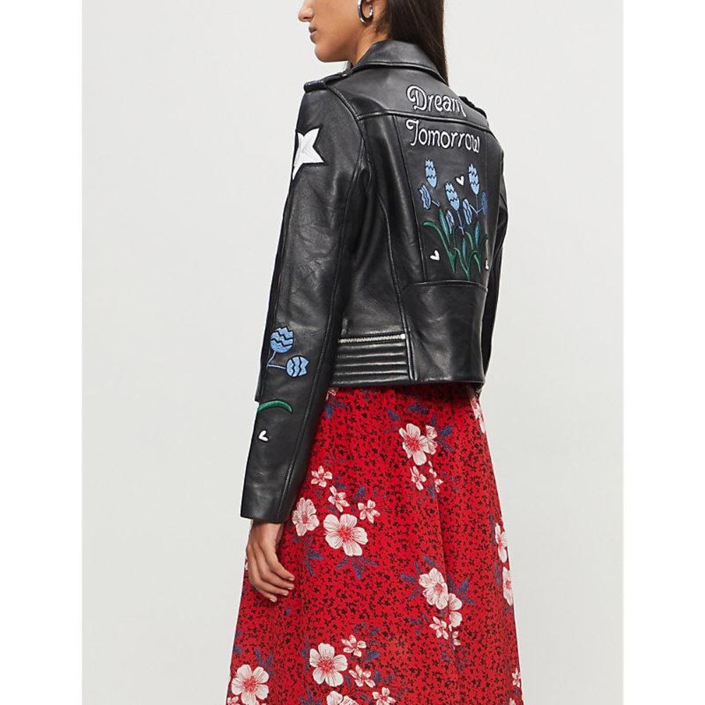 NWOT Maje "Dream Tomorrow"  Embroidered Leather Jacket In Black